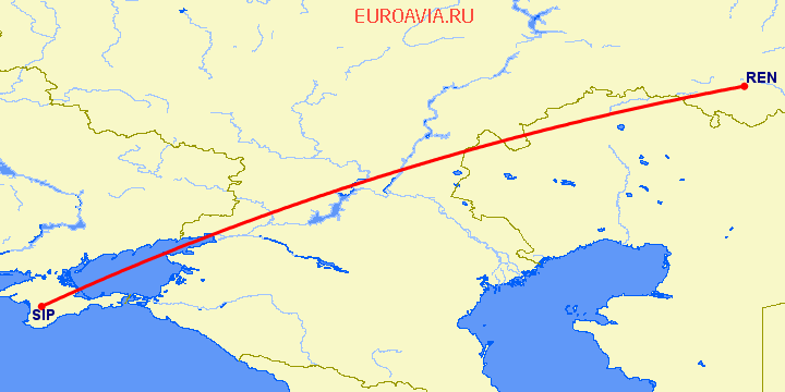 перелет Оренбург — Симферополь на карте