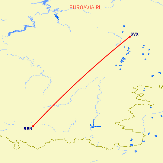 перелет Оренбург — Екатеринбург на карте