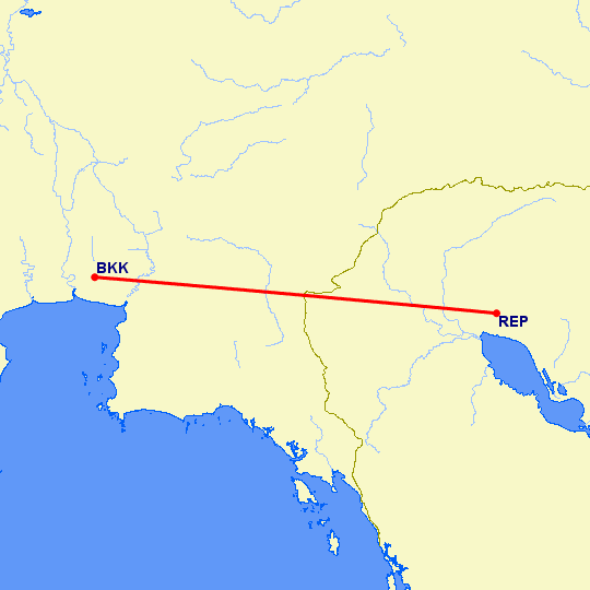 перелет Сием Рип — Бангкок на карте