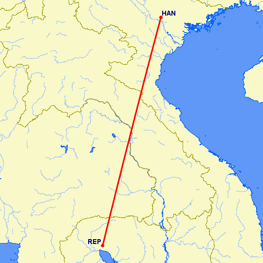 перелет Сием Рип — Ханой на карте