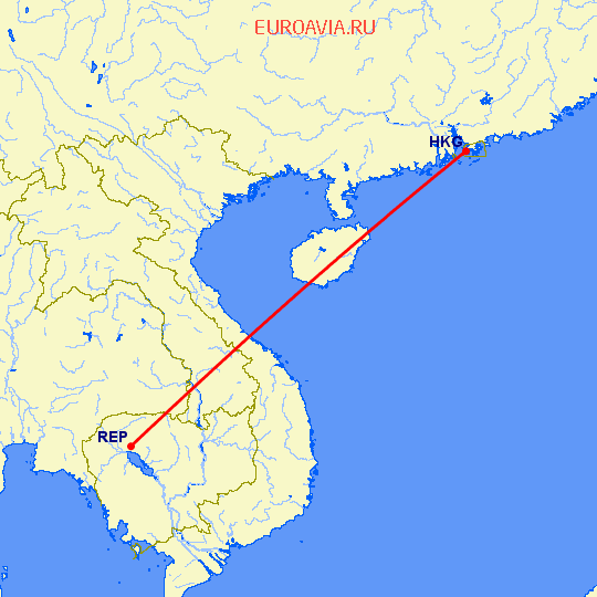 перелет Сием Рип — Гонконг на карте