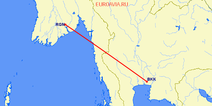 перелет Янгон — Бангкок на карте