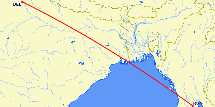 перелет Янгон — Нью Дели на карте