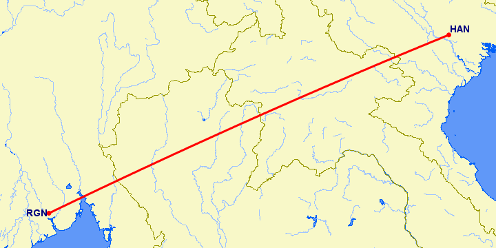 перелет Янгон — Ханой на карте