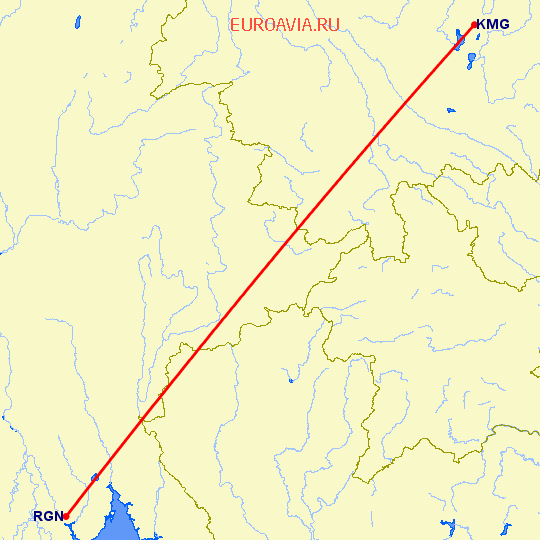 перелет Янгон — Кунминг на карте