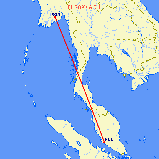перелет Янгон — Куала Лумпур на карте