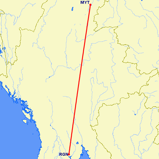 перелет Янгон — Мьиткьина на карте