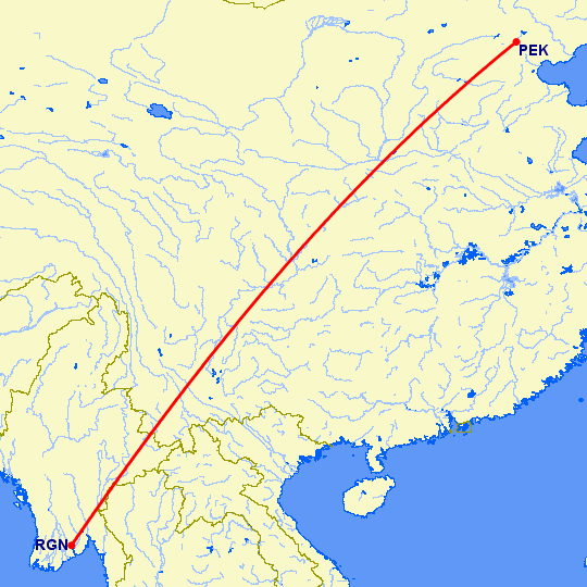 перелет Янгон — Пекин на карте