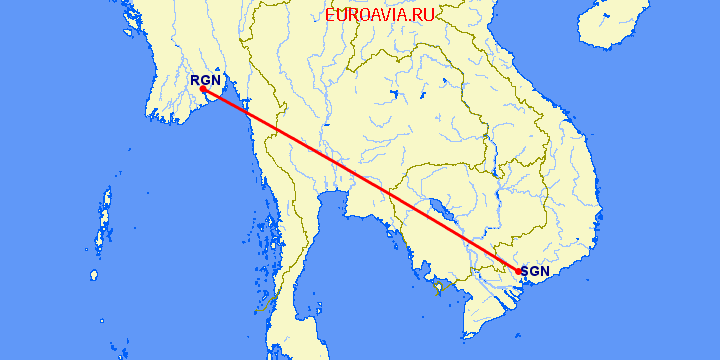 перелет Янгон — Хошимин на карте