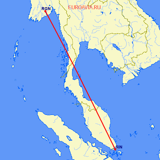 перелет Янгон — Сингапур на карте