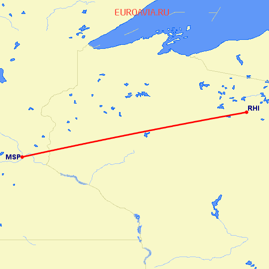 перелет Rhinelander — Миннеаполис на карте