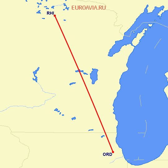 перелет Rhinelander — Чикаго на карте