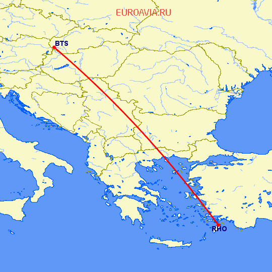 перелет Родос — Братислава на карте