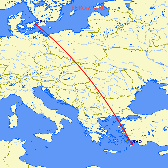 перелет Родос — Копенгаген на карте