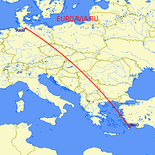 перелет Родос — Гамбург на карте