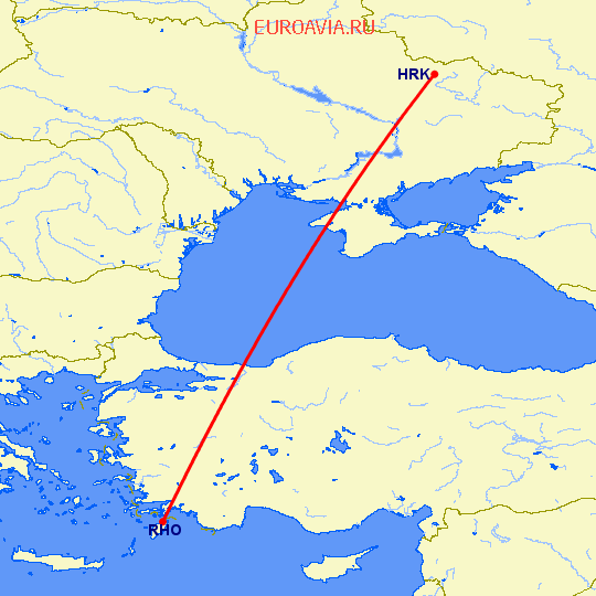 перелет Родос — Харьков на карте