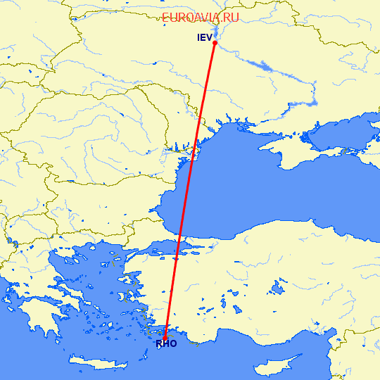 перелет Родос — Киев на карте