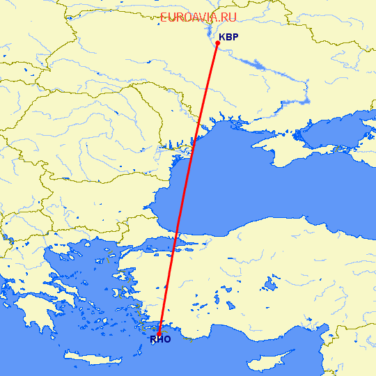 перелет Родос — Киев на карте