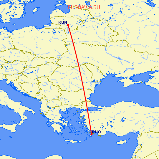 перелет Родос — Каунас на карте