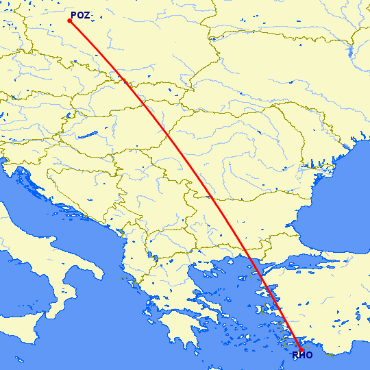 перелет Родос — Познань на карте