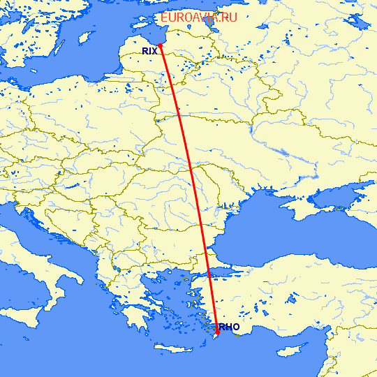перелет Родос — Рига на карте