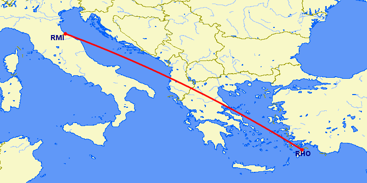 перелет Родос — Римини на карте