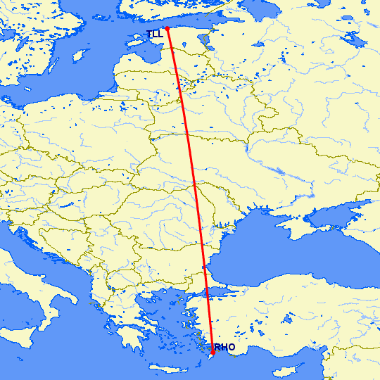 перелет Родос — Таллин на карте