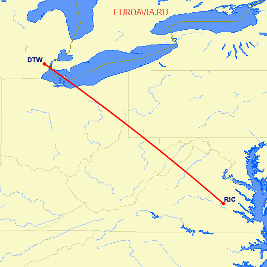 перелет Ричмонд — Детройт на карте