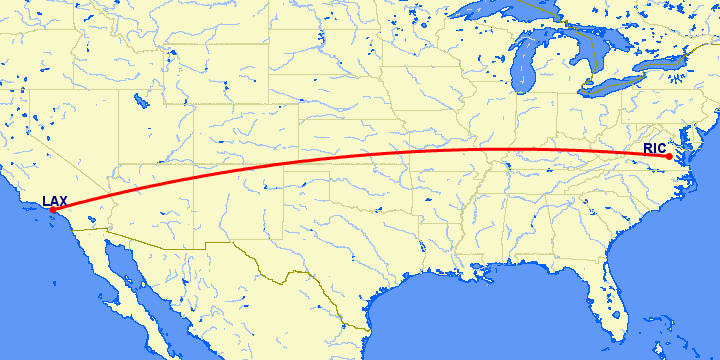 перелет Ричмонд — Лос Анджелес на карте