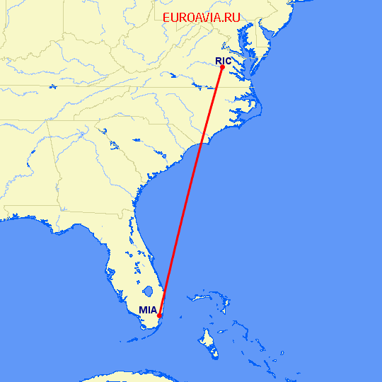 перелет Ричмонд — Майами на карте