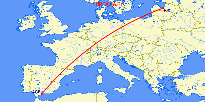перелет Рига — Малага на карте