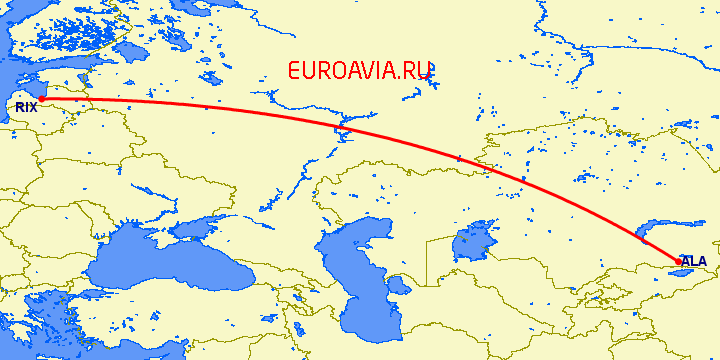 перелет Рига — Алматы на карте
