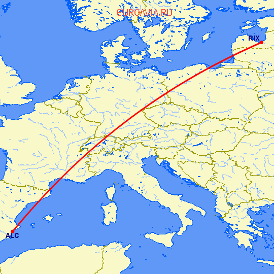 перелет Рига — Аликанте на карте