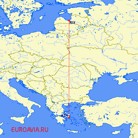 перелет Рига — Афины на карте