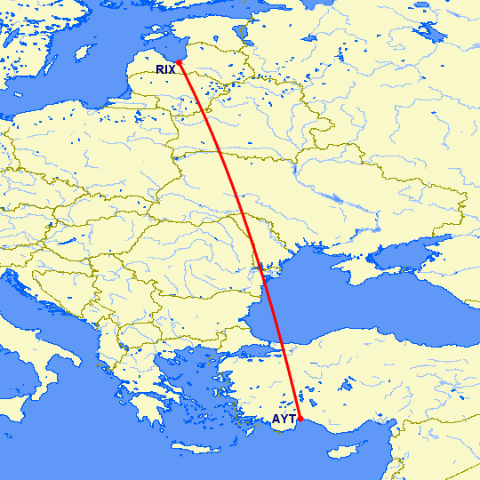 перелет Рига — Анталия на карте
