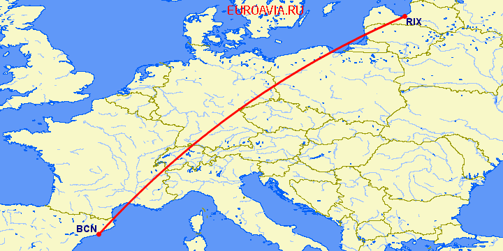 перелет Рига — Барселона на карте