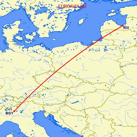 перелет Рига — Бергамо на карте
