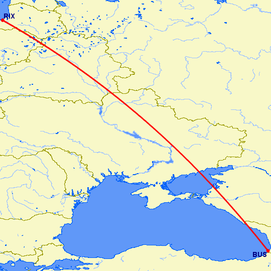 перелет Рига — Батуми на карте