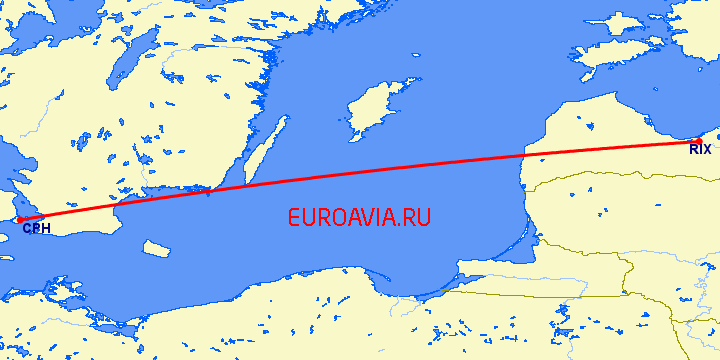 перелет Рига — Копенгаген на карте