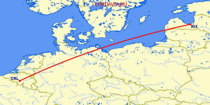 перелет Рига — Шарлеруа на карте