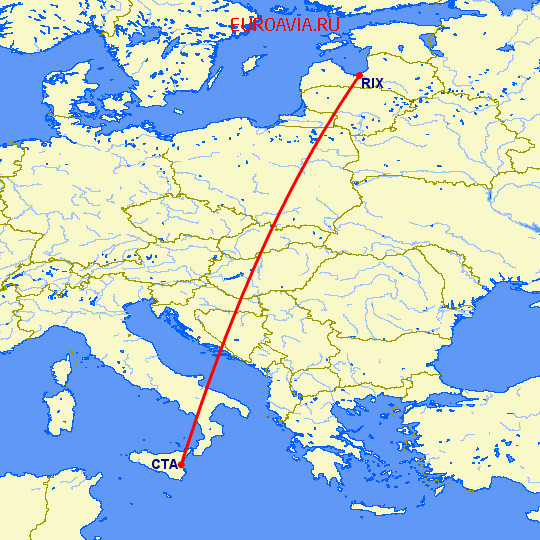 перелет Рига — Катания на карте