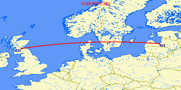 перелет Рига — Эдинбург на карте