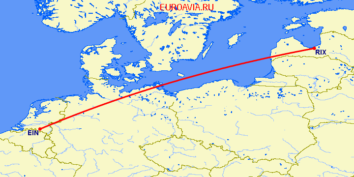перелет Рига — Эйндховен на карте