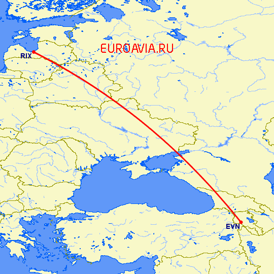 перелет Рига — Ереван на карте