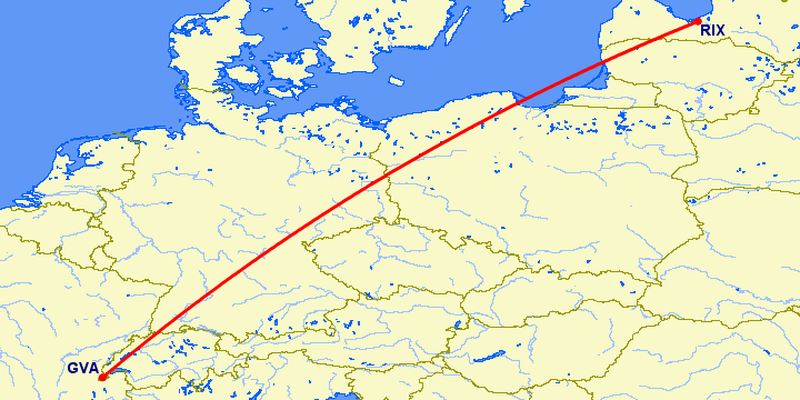 перелет Рига — Женева на карте