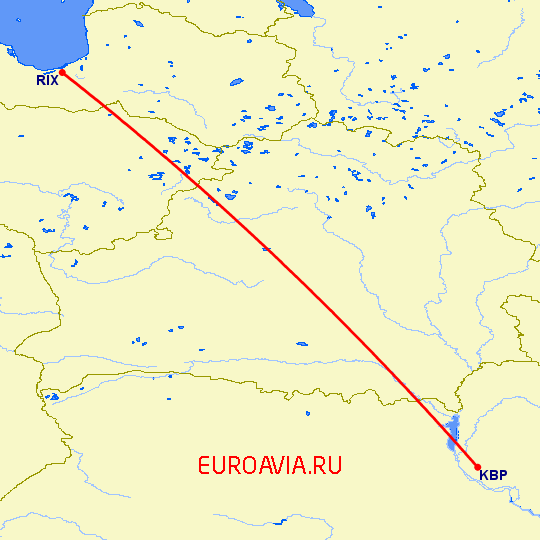 перелет Рига — Киев на карте