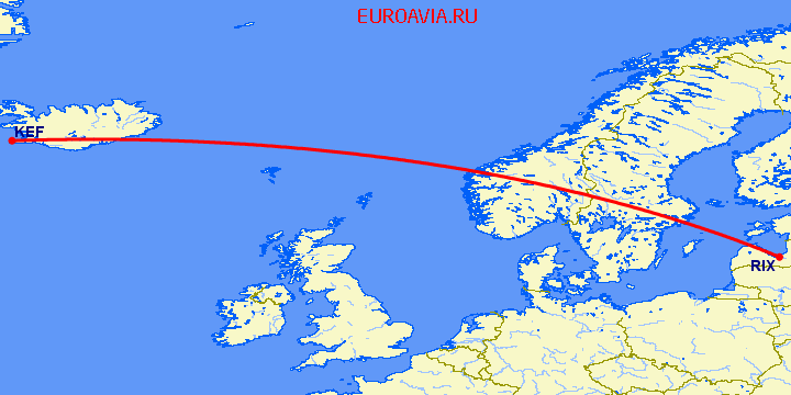 перелет Рига — Рейкьявик на карте