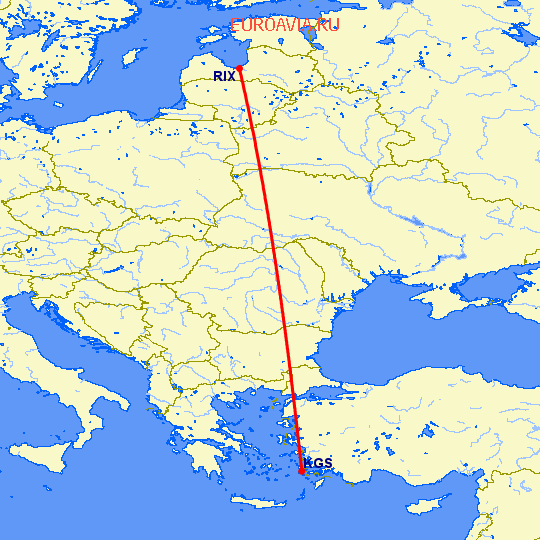 перелет Рига — Кос на карте
