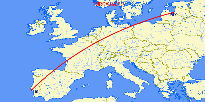 перелет Рига — Лиссабон на карте