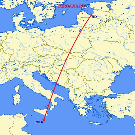 перелет Рига — Мальта на карте